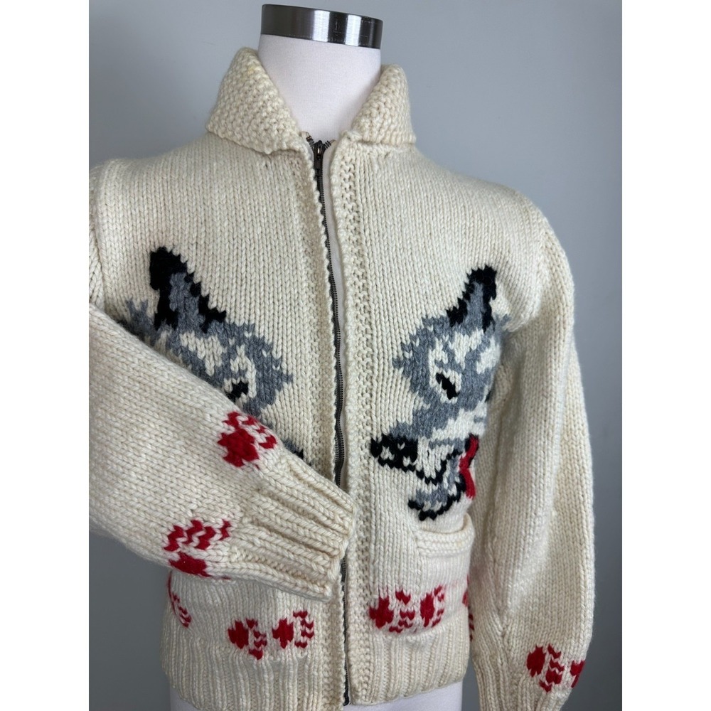 RARE Vintage 1950s Wolf Mary Maxim Cowichan Sweater Wool 100% Large - Picture 6 of 16